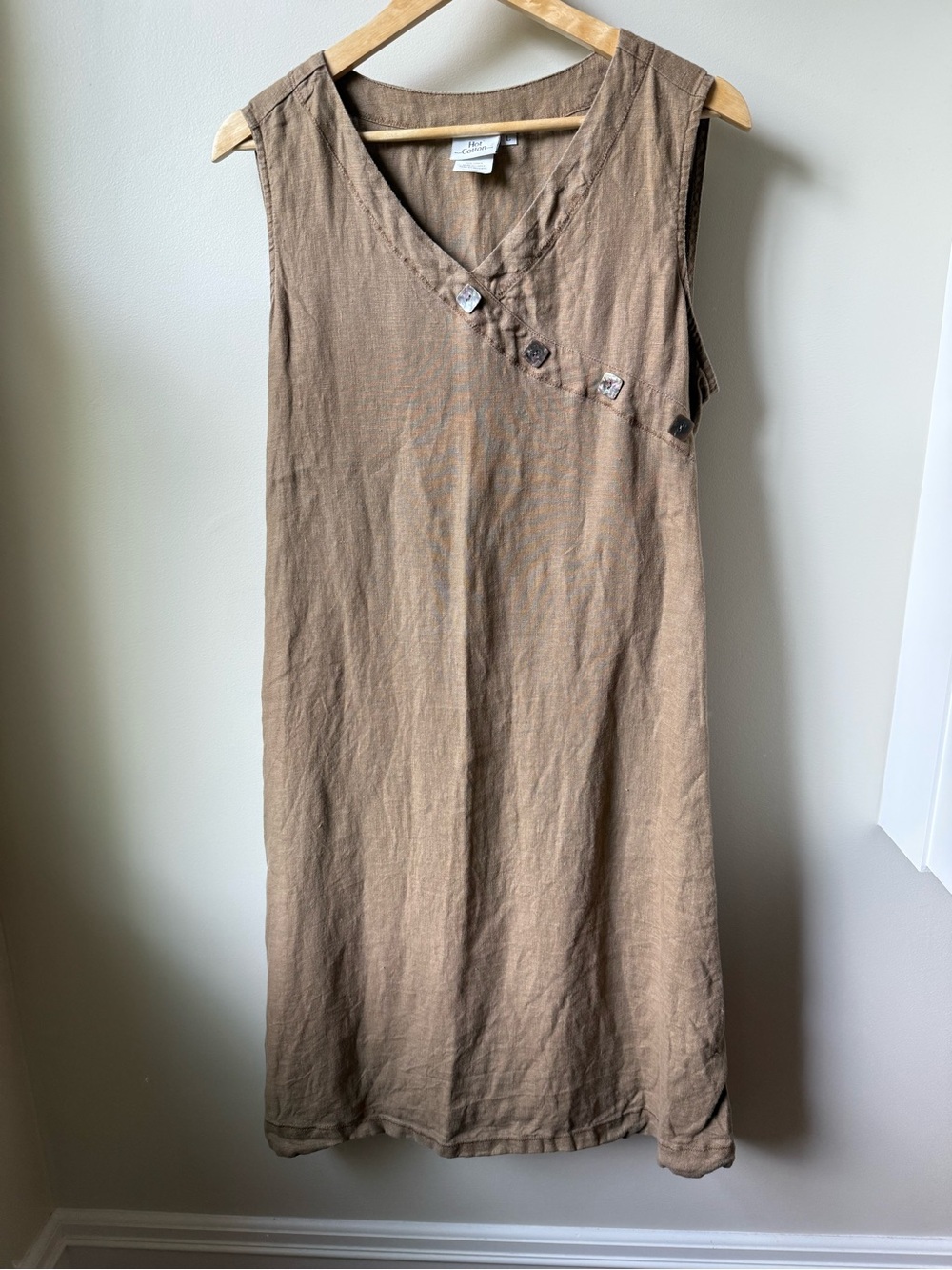 HOT COTTON Brown Vintage Linen Midi Dress Lagenlook 90s Minimalist Crunchy L